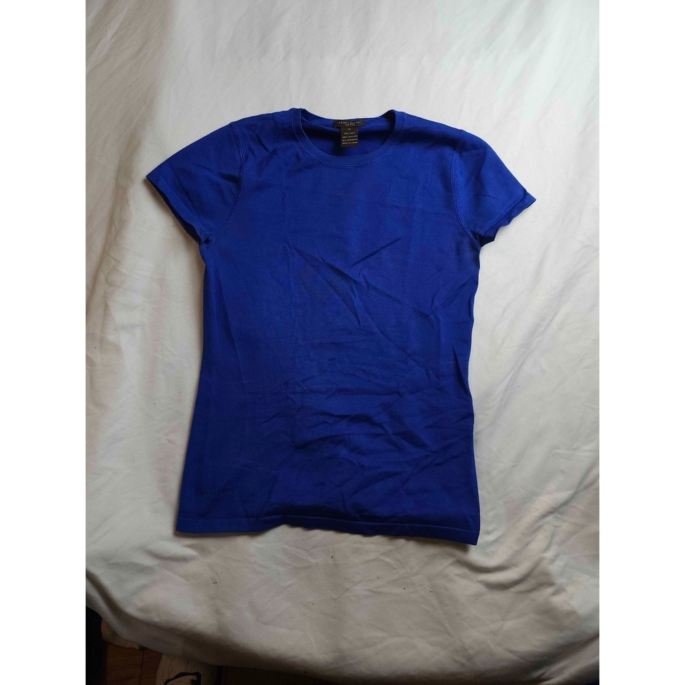 Henri Bendel Short Sleeve Tee Womens Medium Blue Silk Blend Ribbed Knit Luxury